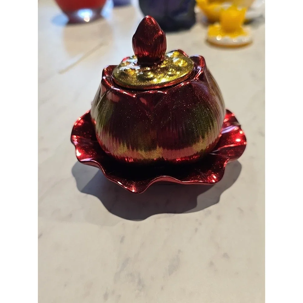 Resin Handmade Jar With Lid And Plate Holder Red Gold  Decoration Gift ‎ 625